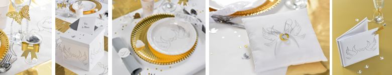 Articles de décoration de table mariage en blanc et or décor alliances.
